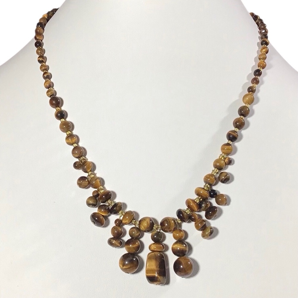 Tigers Eye Dangle Necklace Semi Precious Gemstone Golden Red Brown Beaded